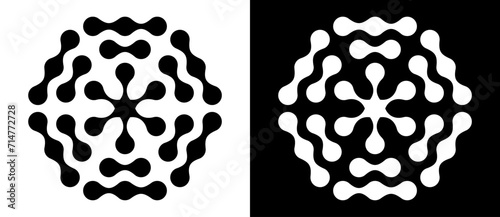 Hexagon molecule concept. Black shape on a white background and the same white shape on the black side.