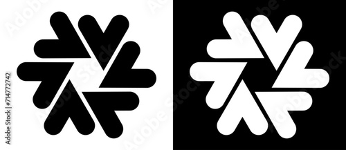 Hexagon with hearts symbol as dynamic abstract vector background or logo or icon. Black shape on a white background and the same white shape on the black side.