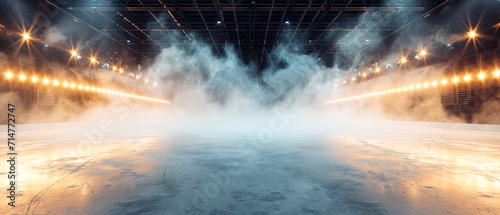 Ice Rink Background. Professional Arena illuminated neon lights, spotlights with smoke. Copyspace. Winter poster for hockey competitions. Ice skating. Stadium. Generative ai photo
