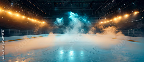 Ice Rink Background. Professional Arena illuminated neon lights, spotlights with smoke. Copyspace. Winter poster for hockey competitions. Ice skating. Stadium. Generative ai