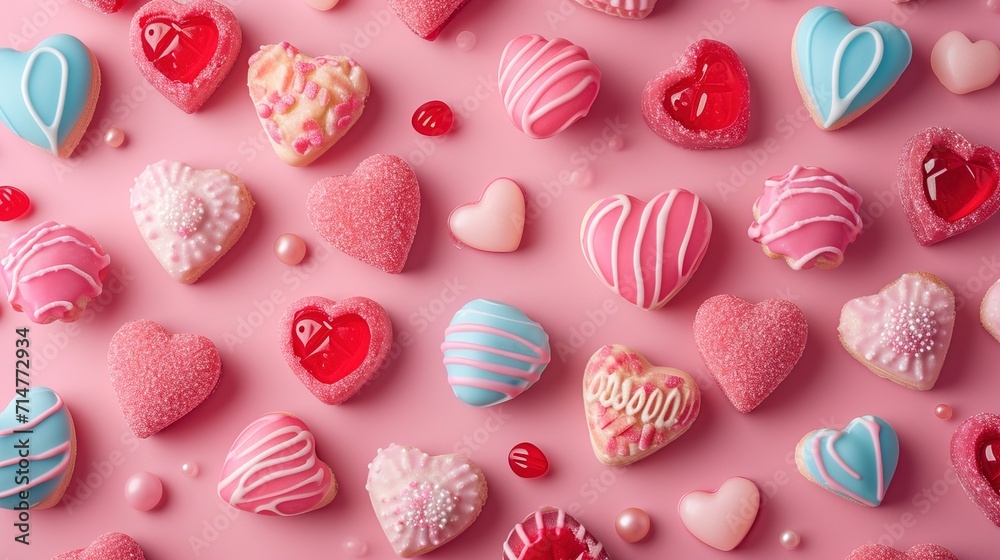 candy hearts on pink background. Valentines Day greating card. Flat lay, top view candy hearts on pink background. Valentines Day greating card. Flat lay, top view