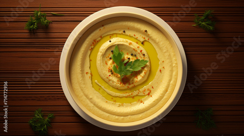A platter of creamy and tangy hummus, a popular dip made from chickpeas and tahini, often served during Ramadan