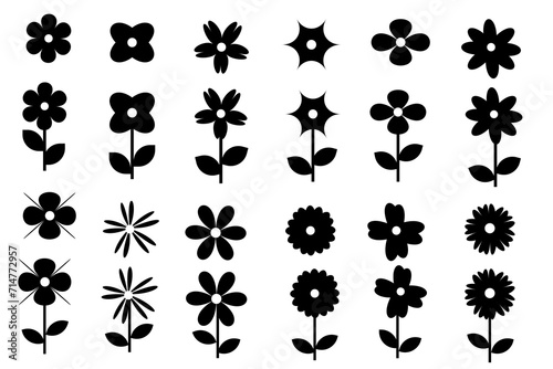 Flower icon set, black Flower isolated on white, vector illustration.