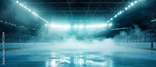 Turquoise Ice Rink Background. Professional Arena illuminated neon lights, spotlights with smoke. Copyspace. Winter poster for hockey competitions. Ice skating. Stadium. Generative ai © Inai