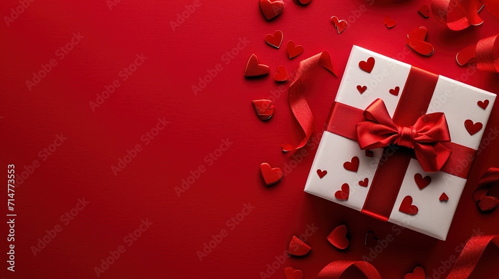 hand made gift box and a lot of hearts on a red background - AI Generated