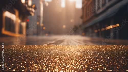 Shimmering Christmas lights illuminate a city street at night, casting a festive glow on water droplets adorning a glass surface