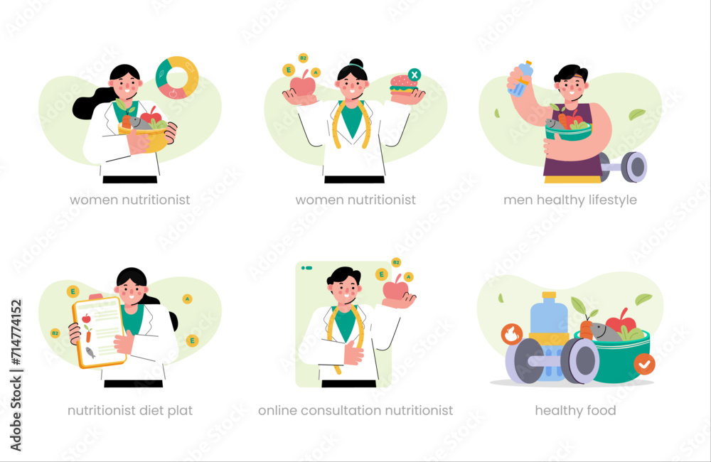 Set of Nutritionist concept illustration. women nutritionist, nutritionist diet plat, healthy food , women healthy lifestyle, cutting calorie. vector illustration