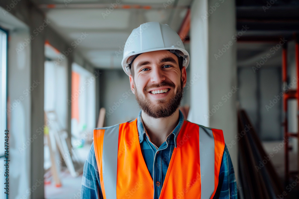 Engineer or civil worker in helmet smiling inside a construction building Engineer or civil worker in helmet smiling inside a construction building