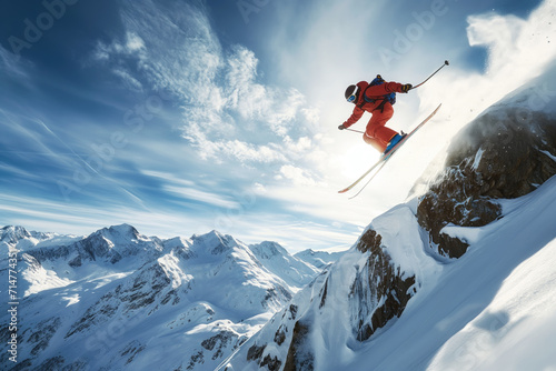 An extreme skier performing a high jump against a backdrop of snowy mountains, capturing the essence of adventure and risk, vibrant and dynamic © bluebeat76