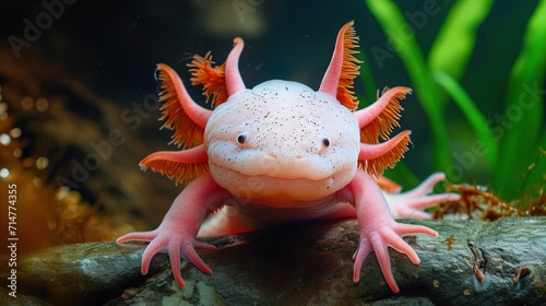 Speckled Leucistic Axolotl front-facing underwater - AI Generated