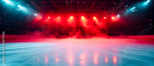 Red Ice Rink Background. Professional Arena illuminated red neon lights, spotlights with smoke. Copyspace. Winter poster for hockey competitions. Ice skating. Stadium. Generative ai 