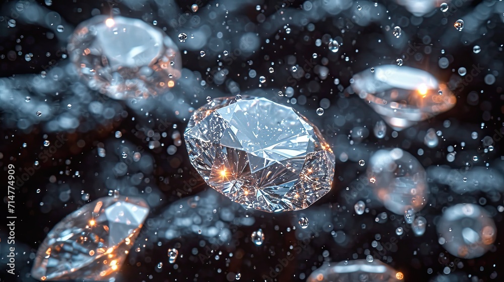 White diamonds group falling soft focus bokeh background.Generative AI White diamonds group falling soft focus bokeh background.Generative AI