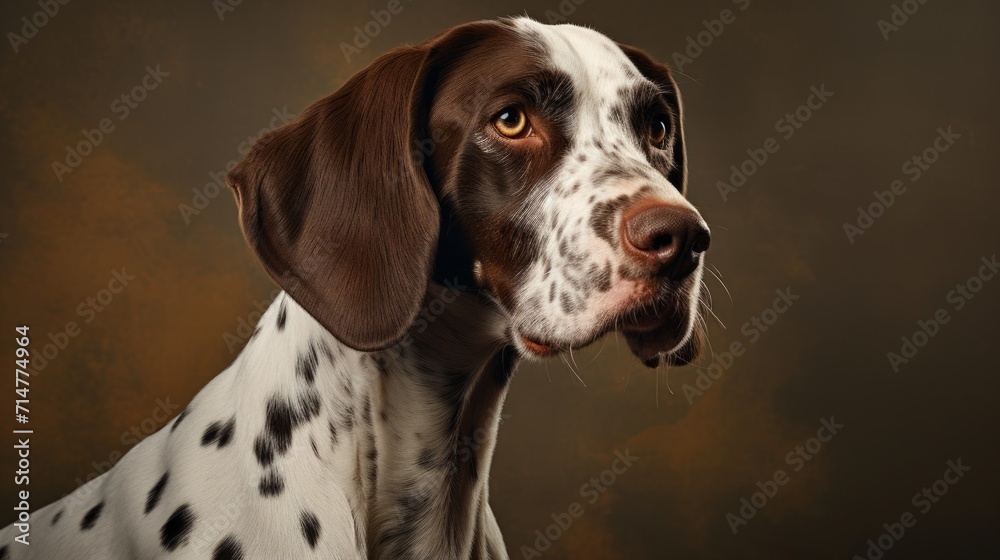 Portrait of a Pointer dog on a dark brown background. Generative AI