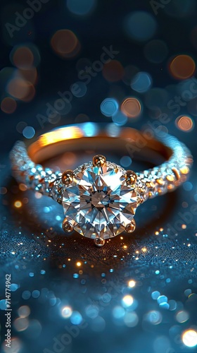 Jewelry diamond ring on a black background with bokeh.Generative AI