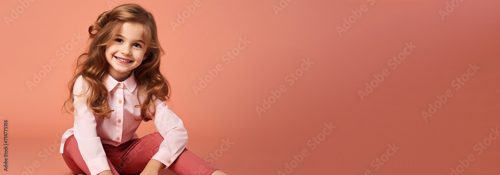 Happy joyful cheerful child. simple background. Place for text. Horizontal. Pin Up style. Positive emotions. Promotion. Sale. Poster, invitation, flyer, banner, email, header. Generative Ai content Happy joyful cheerful child. simple background. Place for text. Horizontal. Pin Up style. Positive emotions. Promotion. Sale. Poster, invitation, flyer, banner, email, header. Generative Ai content