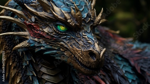 Close up of dragon head with green eyes and blue and red colors Generative AI