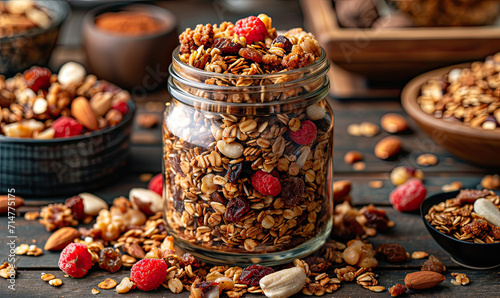 Healthy breakfast homemade granola in glass jar.Generative AI photo