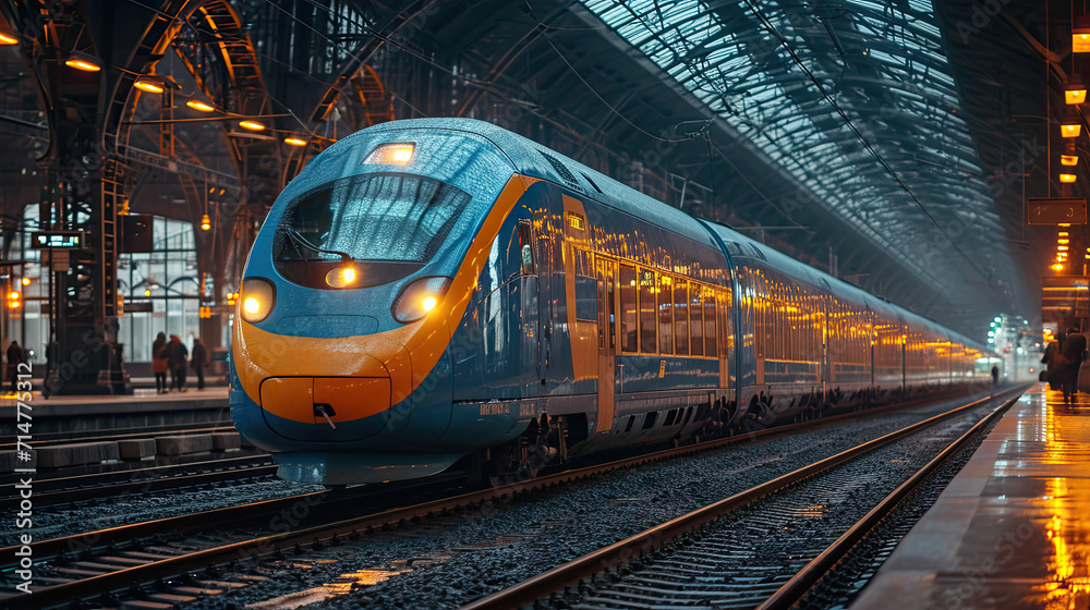 Fototapeta premium High speed train in motion on the railway station.Generative AI