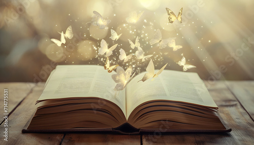 Open book with magic light and glowing butterflies flying out of it on wooden table against light beige bokeh background