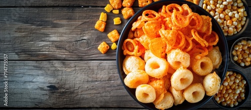 Salty, spicy, round puffed snacks with corn rings and cheese puffs, seen from above in a bowl. photo
