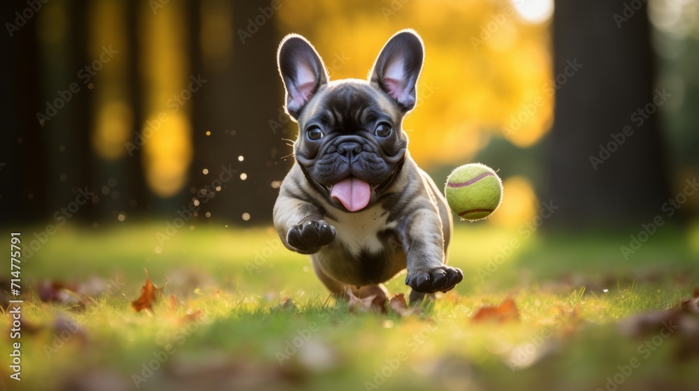Funny french bulldog puppy playing with a tennis ball in the autumn park Generative AI