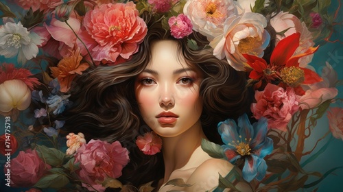 Portrait of a beautiful young woman with flowers in her hair. Generative AI
