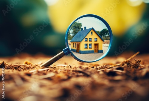 Close-up of a magnifying glass searching for a house, symbolizing the process of looking for a property to buy.