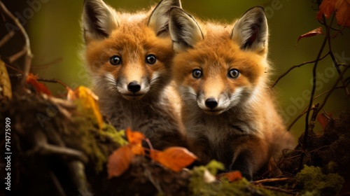 Two little foxes in the autumn forest. Close-up. Generative AI