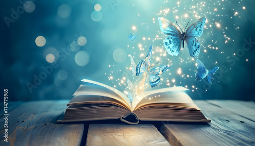 Open book with magic light and glowing butterflies flying out of it on wooden table against light blue bokeh background © Oleksiy