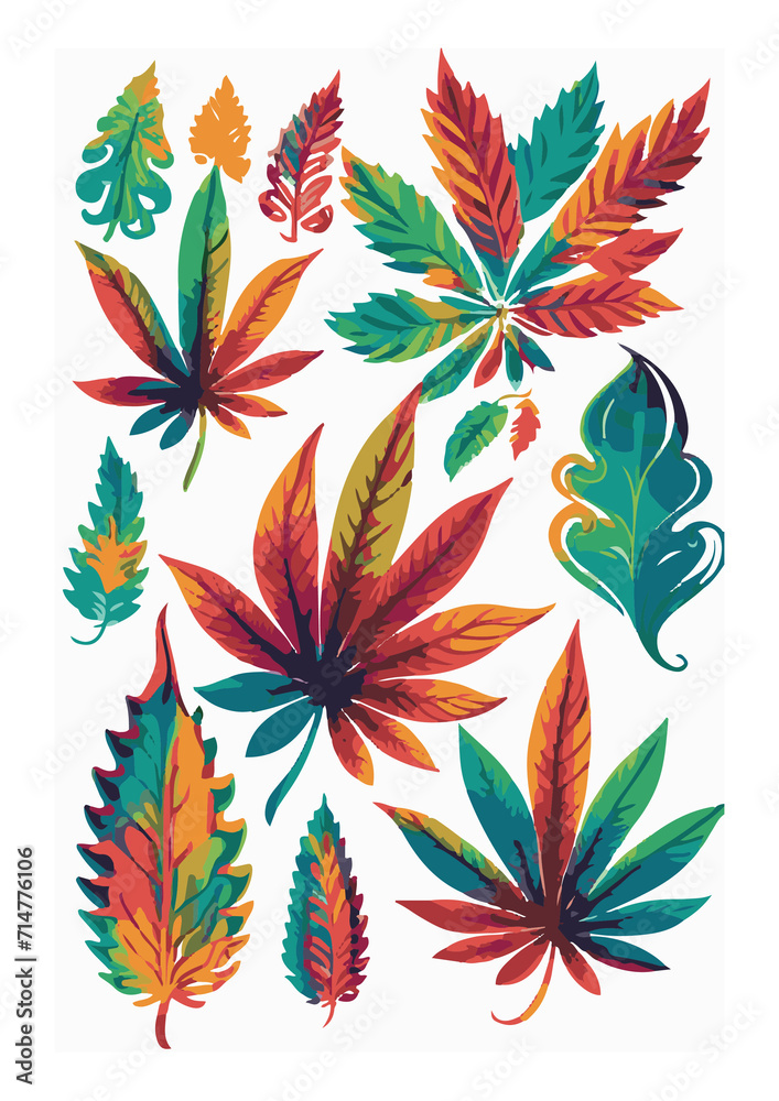 Psychedelic Greens: Elevate Your Style with this Cannabis-Inspired Sticker Set, Featuring Rainbow Leaves and Springtime Blossoms.