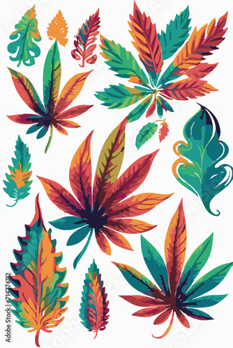 Psychedelic Greens: Elevate Your Style with this Cannabis-Inspired Sticker Set, Featuring Rainbow Leaves and Springtime Blossoms.