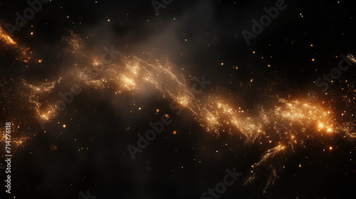 Particules scintillantes et brillantes volant sur fond sombre, noir. Lumière orangée, étoile, paillette dorée et flou. Cosmos, univers, espace. Fond pour bannière, conception et création graphique.	 photo