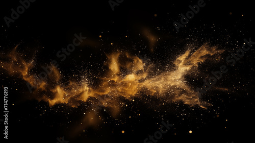 Particules scintillantes et brillantes volant sur fond sombre, noir. Lumière orangée, étoile, paillette dorée et flou. Cosmos, univers, espace. Fond pour bannière, conception et création graphique.	 photo