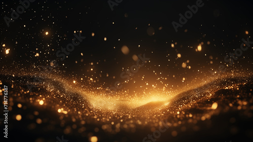 Particules scintillantes et brillantes volant sur fond sombre, noir. Lumière orangée, étoile, paillette dorée et flou. Cosmos, univers, espace. Fond pour bannière, conception et création graphique. 