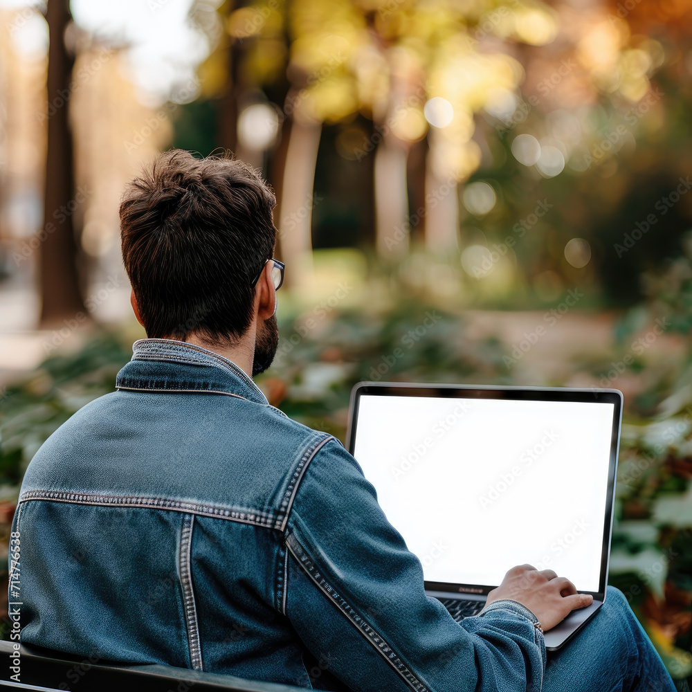 A young man with a laptop with a blank white screen outdoors. Freelance work from anywhere in the world A young man with a laptop with a blank white screen outdoors. Freelance work from anywhere in the world