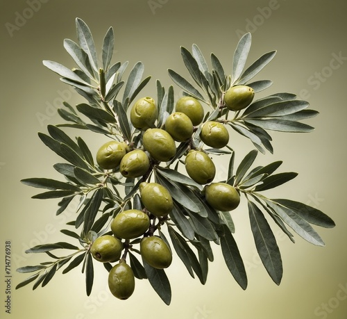 Olive branch with green olives and leaves on a yellow background
