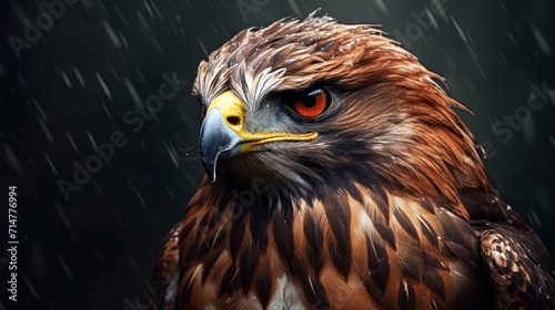 Portrait of a red-winged hawk in the rain. Generative AI