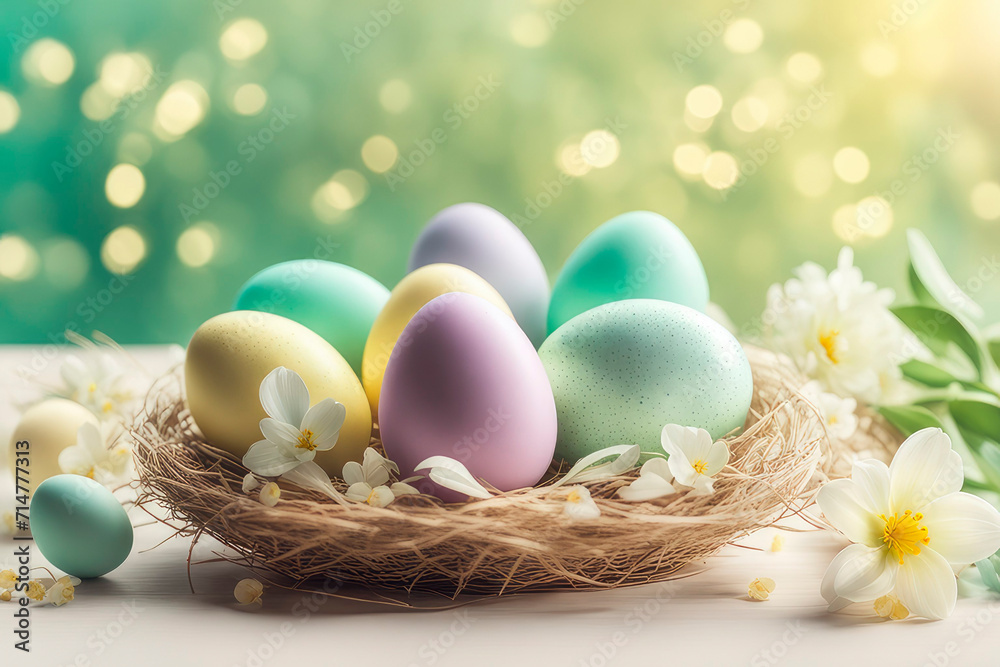 Celebrating Easter, holiday greeting card mockup with light bokeh, flowers and colored eggs.