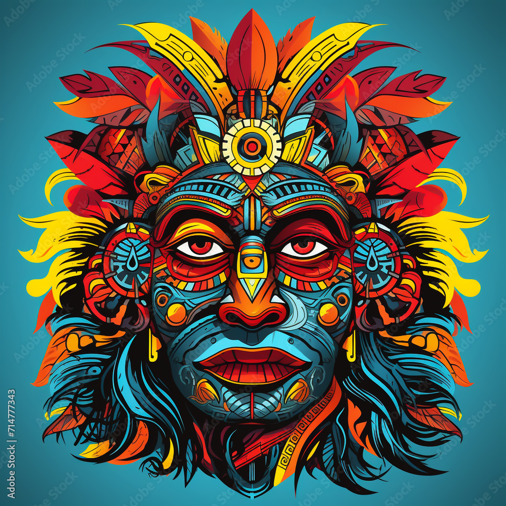 tribal mask symbol For performing evil spirit rituals, traditional tribal ritual masks. Totem head with colorful feathers.