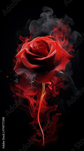 Red rose with smoke isolated on black background, close-up.