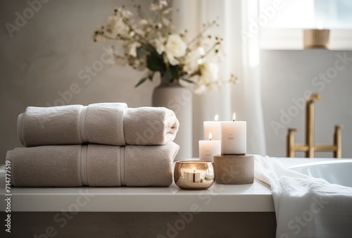 Rows of neatly arranged white towels in a hotel  creating a clean and inviting atmosphere.