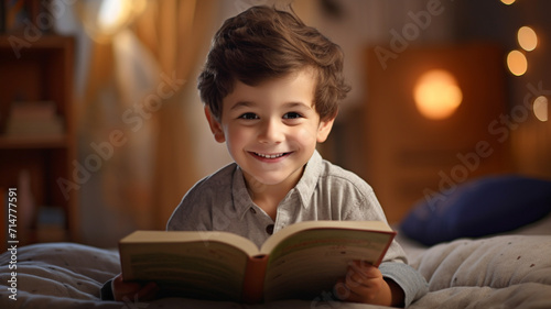 Cute boy smiling and reading book at home