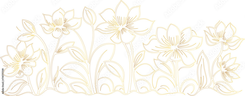 Luxury Floral Background Line Art Vector Illustration Set, Spring Flowers Outline, Botanical Line Drawing, Golden Blossom Pattern frame design for wedding, invitation