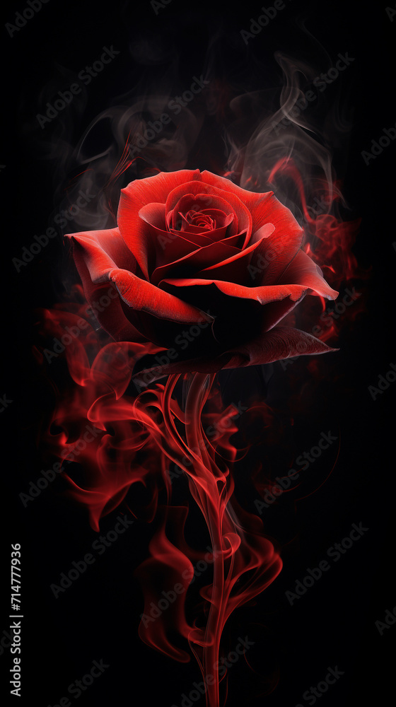 Fototapeta premium Red rose with smoke isolated on black background, close-up.