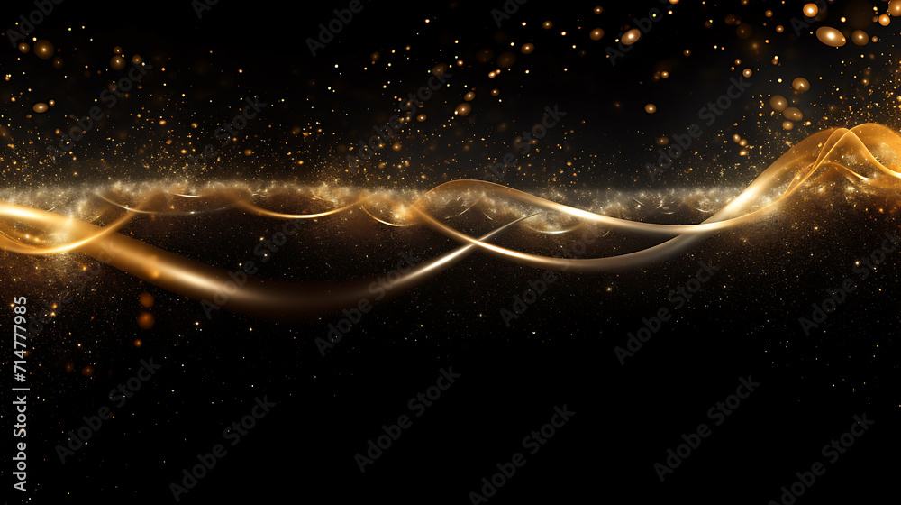 Fototapeta premium Waves of shimmering gold particles with wave-like shapes. Isolated on a black background. Created with Generative AI.