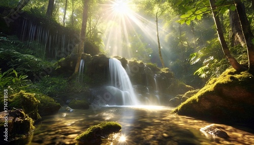 beautiful 3d nature and landscape wallpaper of a waterfall in a forest with sun ray