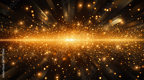 A gold-colored lens flare background with gold dust particles surrounding it, isolated on a black background. Created with Generative AI.