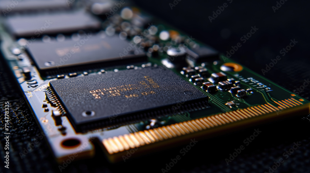 Close-up of Computer RAM (Random Access Memory) module on black background - obrazy, fototapety, plakaty 