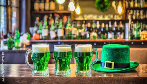 mugs of green beer ale on the bar counter holiday of ireland on st patrick s day in irish pub bar festive leprikon s green hat national tradition of carnival celebrating march 17 photo