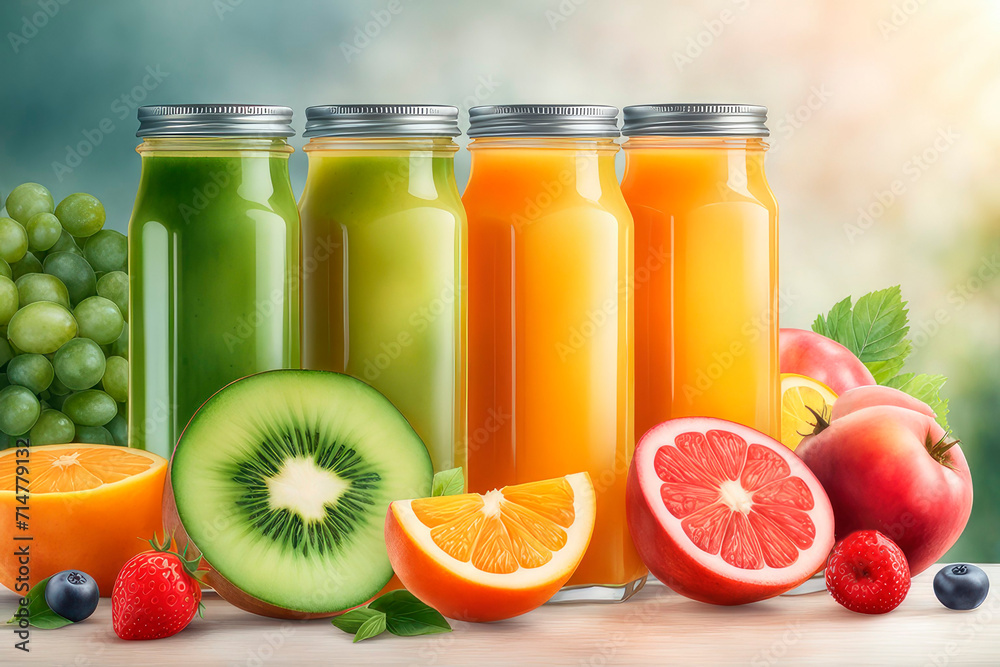 Watercolor various freshly squeezed fruits and vegetables juices and their ingredients with on a table. Watercolor various freshly squeezed fruits and vegetables juices and their ingredients with on a table.